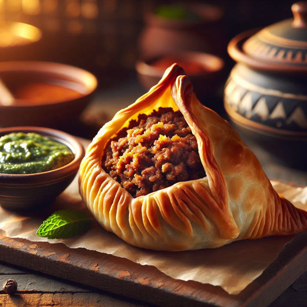 Golden fried meat samboosa pastries stacked on a plate