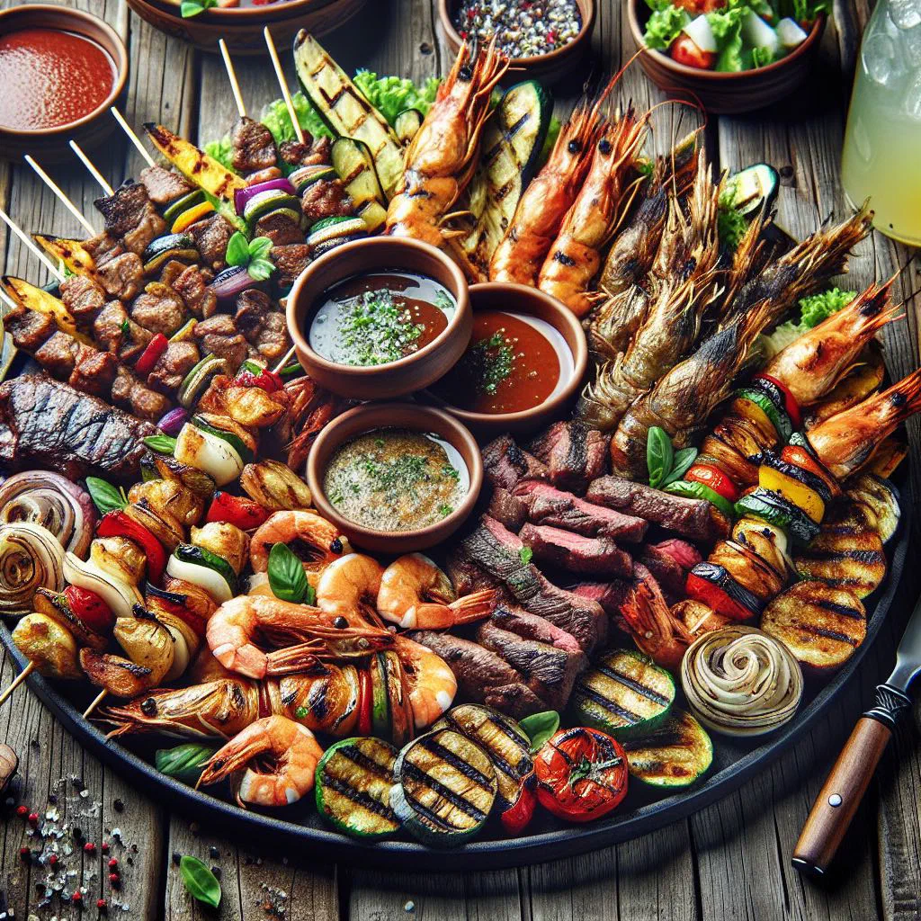 Mixed grill platter of skewered lamb, chicken and beef with grilled vegetables and flatbread