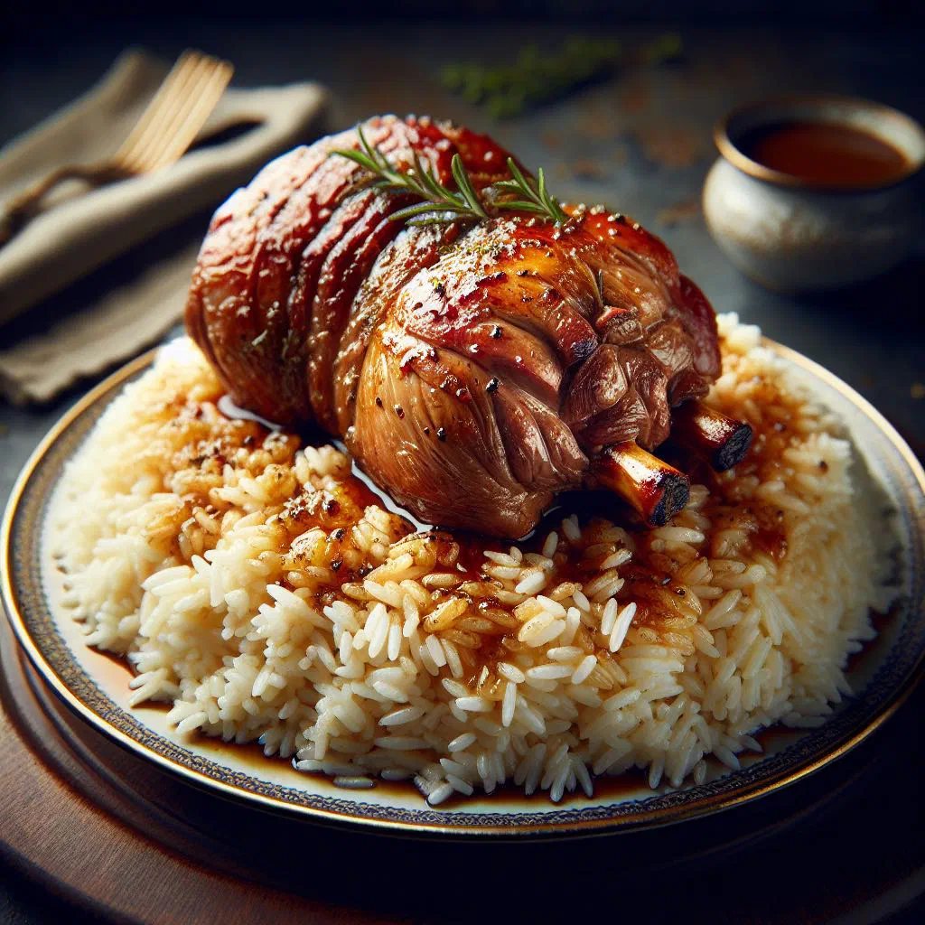 Roasted lamb piled over fragrant rice, garnished with fresh herbs