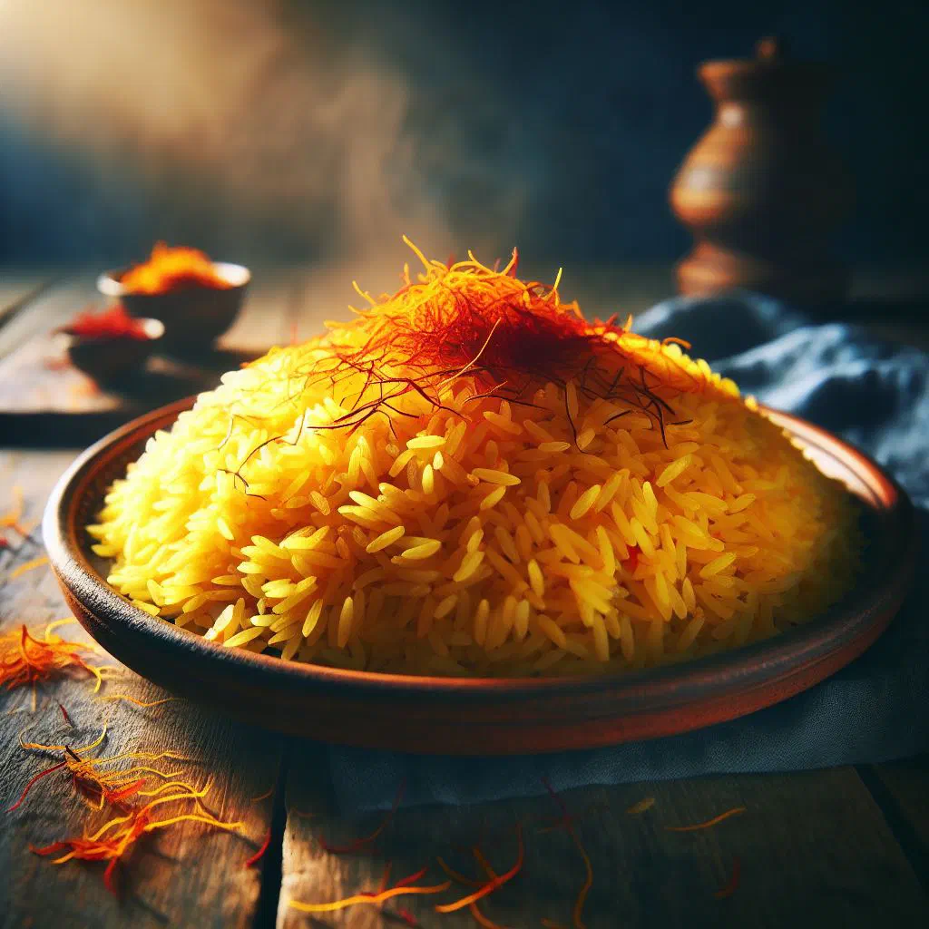 Fluffy golden saffron rice garnished with fresh herbs in a serving bowl