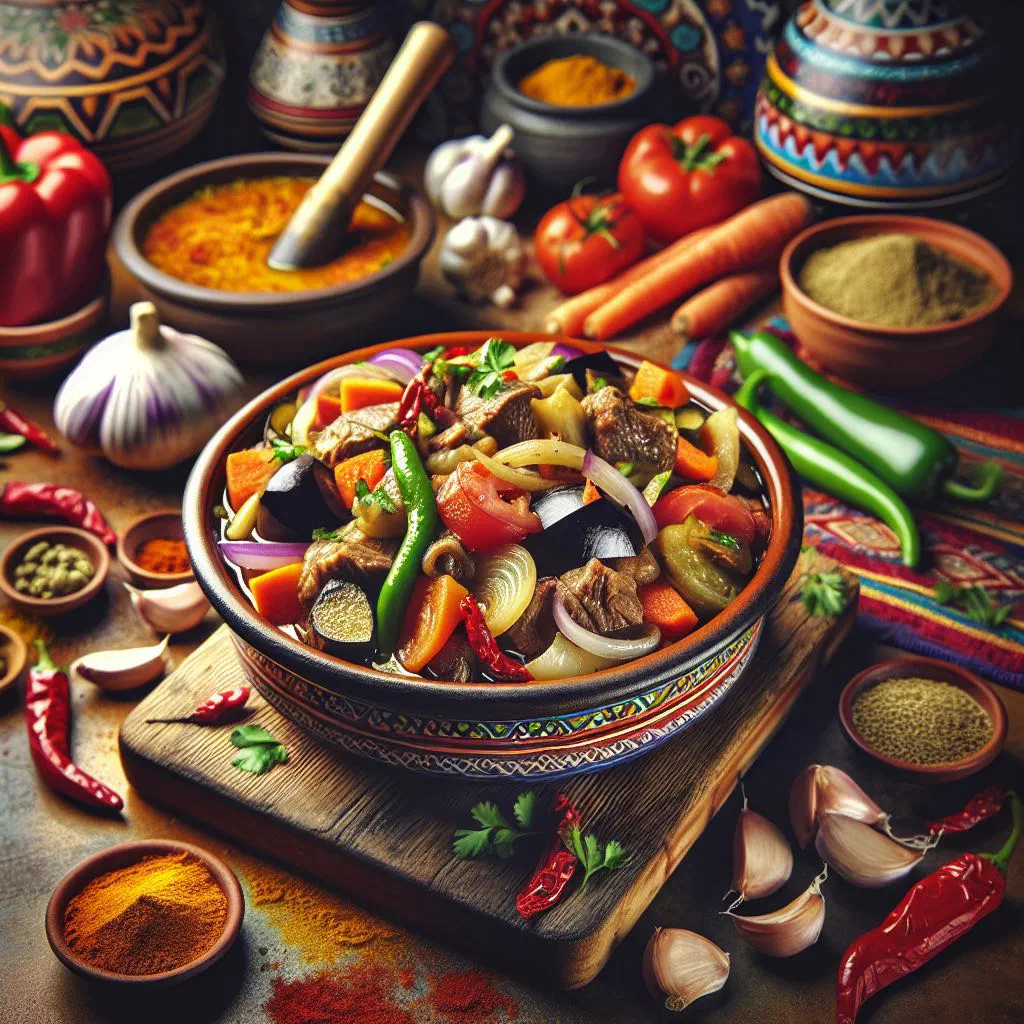 Bowl of Bahraini saloona stew with tender meat and colourful vegetables