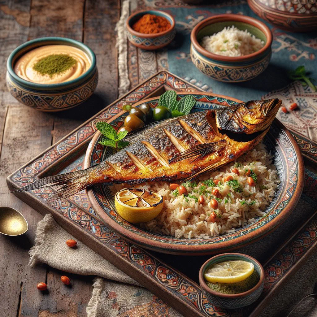 Grilled whole fish garnished with fresh herbs and lemon slices