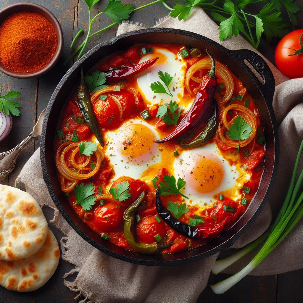 Shakshuka with poached eggs in a spiced tomato sauce, garnished with fresh herbs