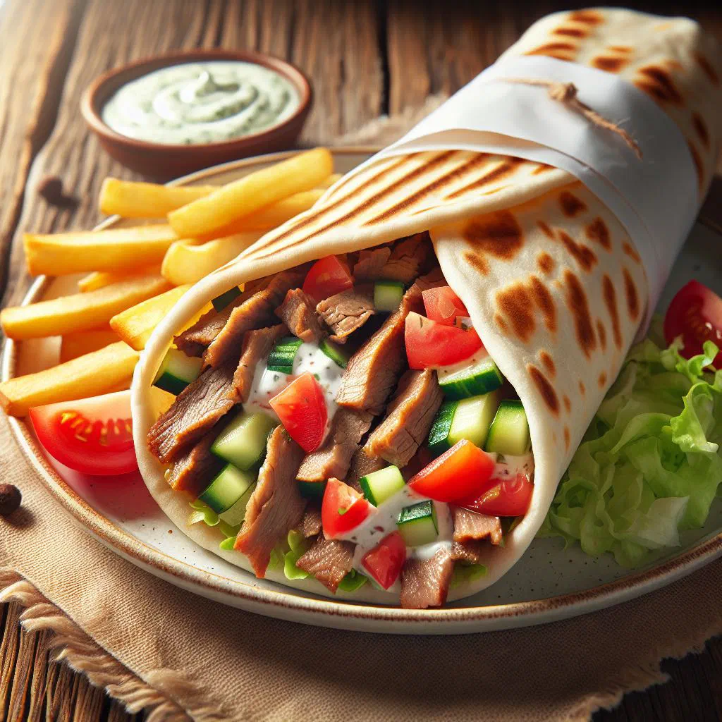 Bahraini shawarma wrap filled with spiced grilled meat and fresh vegetables