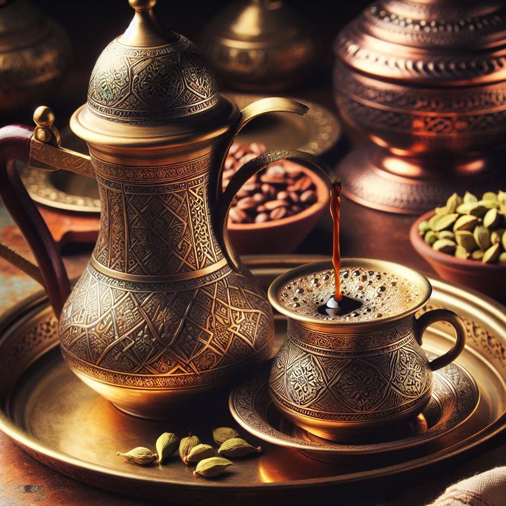 Spiced Arabic coffee poured into small traditional cups with dates