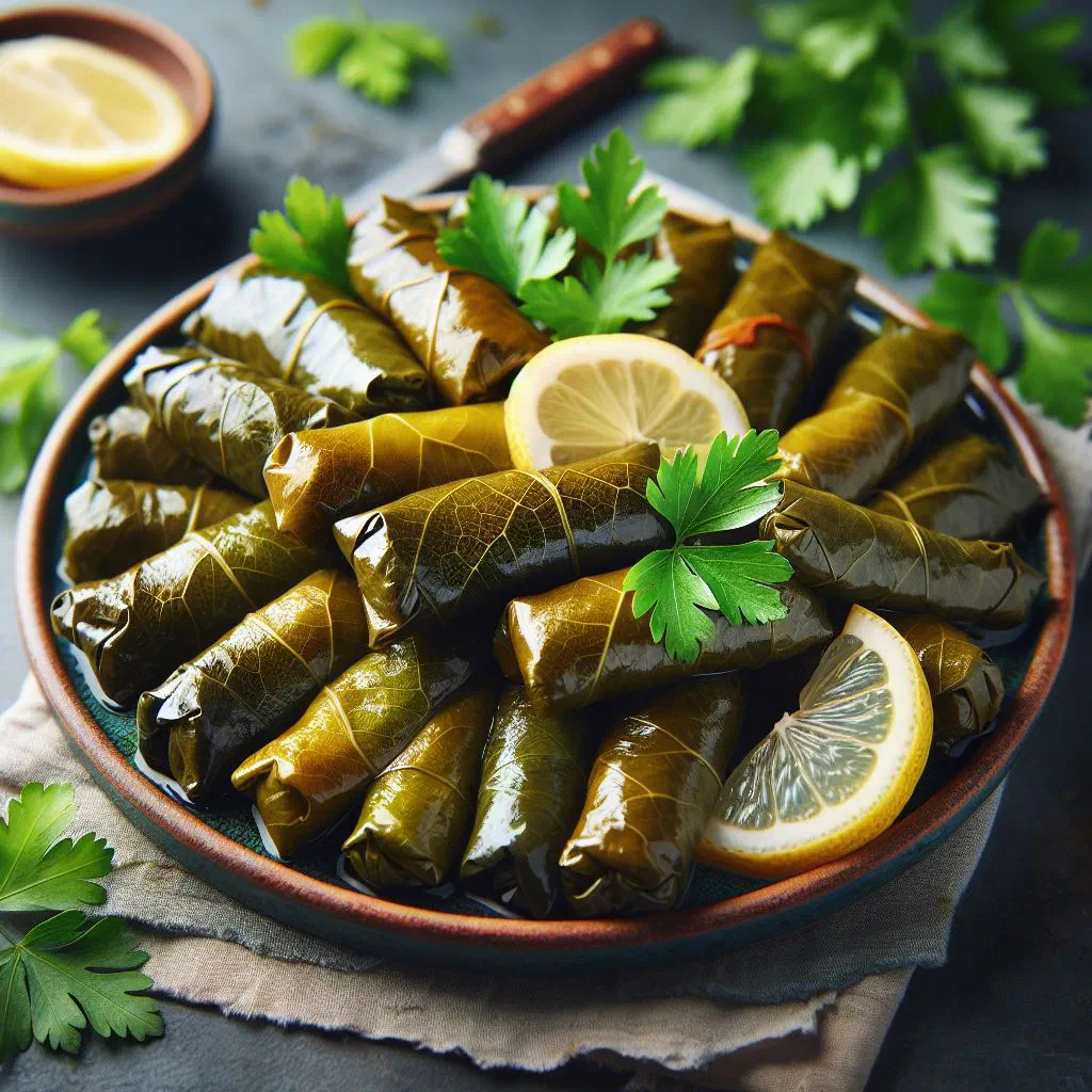 Hand-rolled stuffed grape leaves arranged with lemon slices