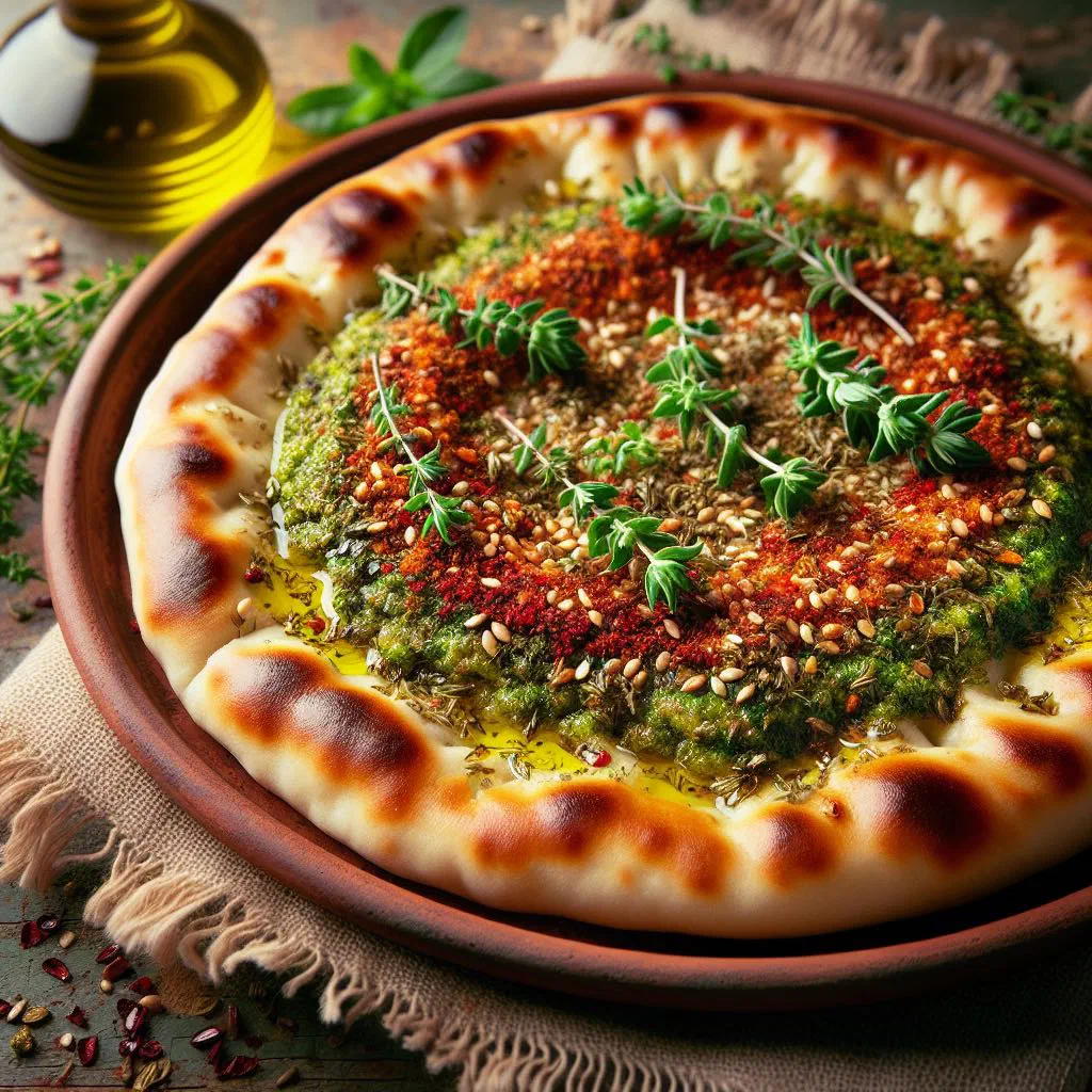 Zaatar manakish flatbread topped with a herby zaatar and olive oil spread