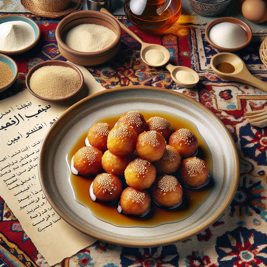 Golden fried zalabia dough balls glazed with sugar and rose water syrup