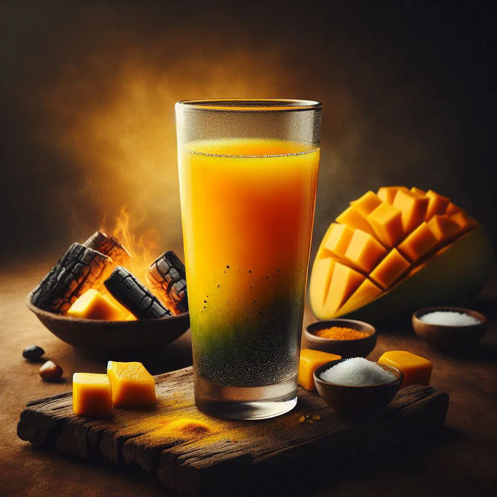 Chilled glass of aam pora sharbat made with roasted green mango and mint