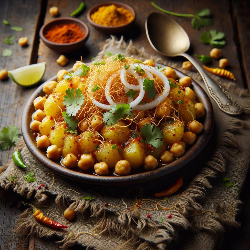 Bowl of aloo kabli with spiced potatoes, onions and fresh coriander