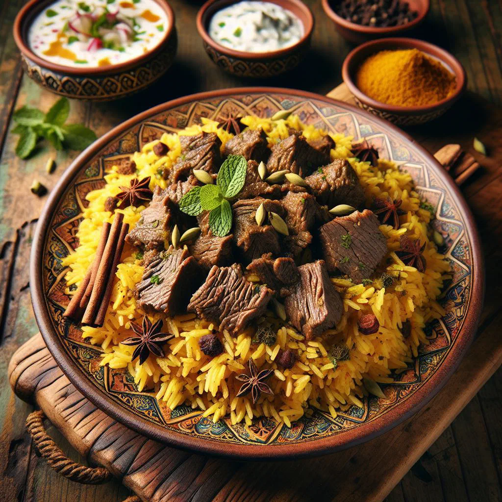 Beef tehari with spiced beef and basmati rice garnished with fresh coriander