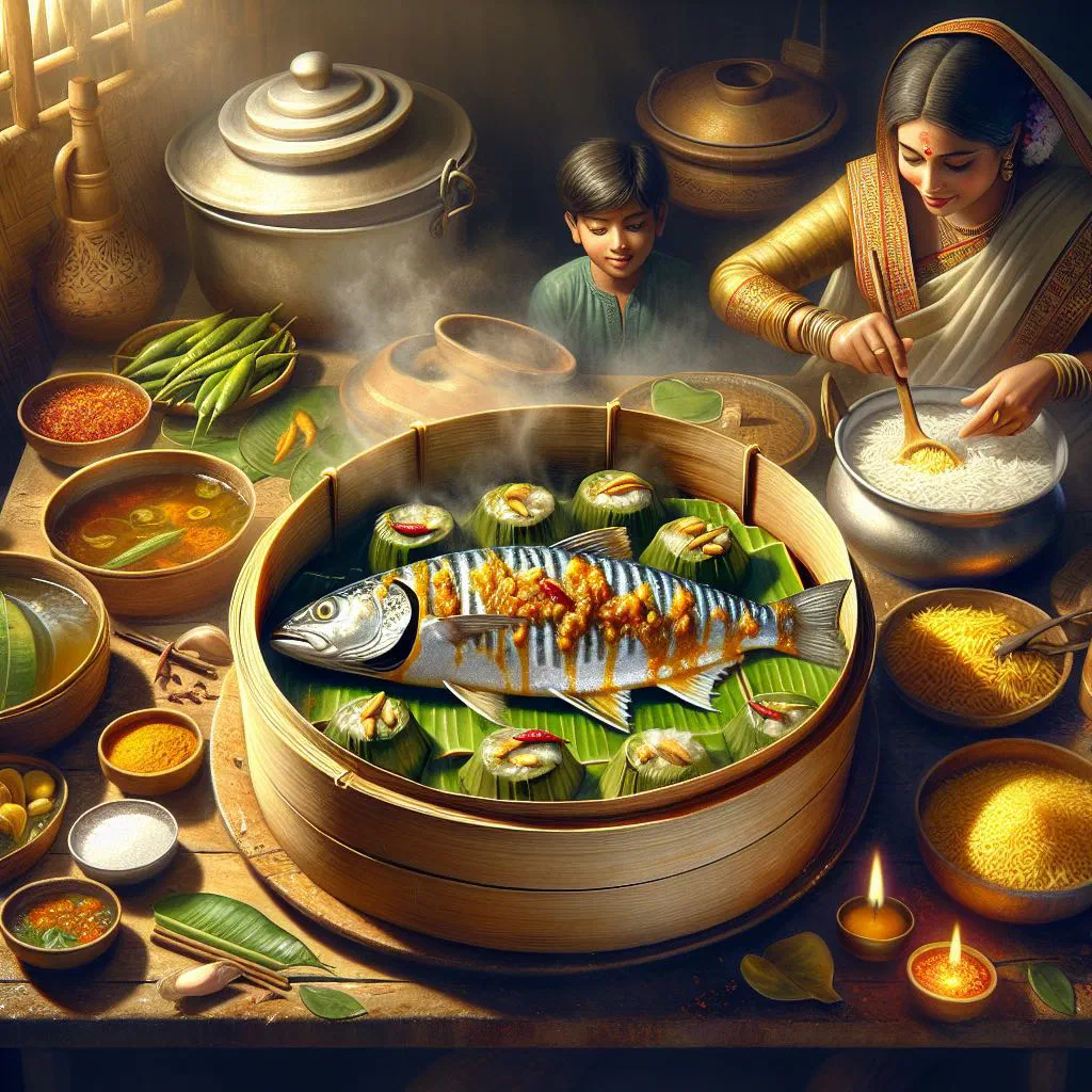 Steamed hilsa fish in a mustard and coconut paste served on a plate