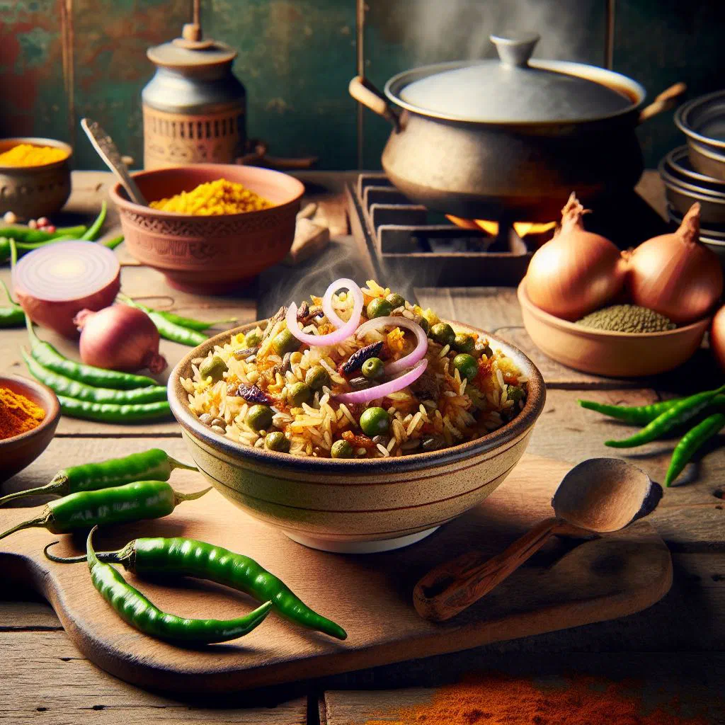 Bowl of bhuna khichuri with rice, lentils and vegetables garnished with coriander