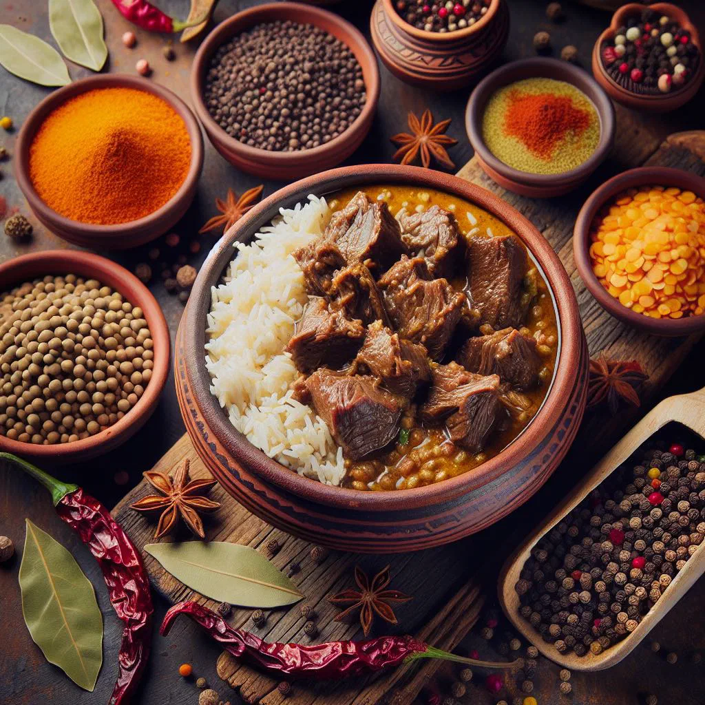 Bhuna khichuri with tender beef and spiced rice in a bowl