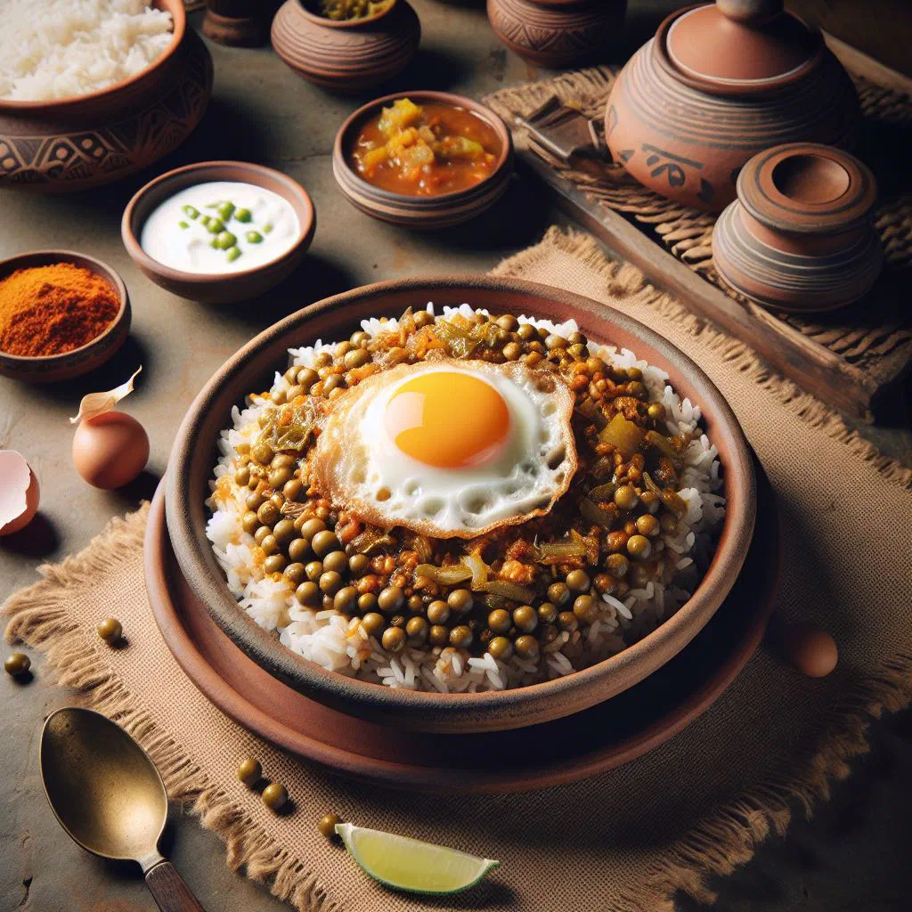 Bhuna khichuri with basmati rice, lentils and boiled egg garnish