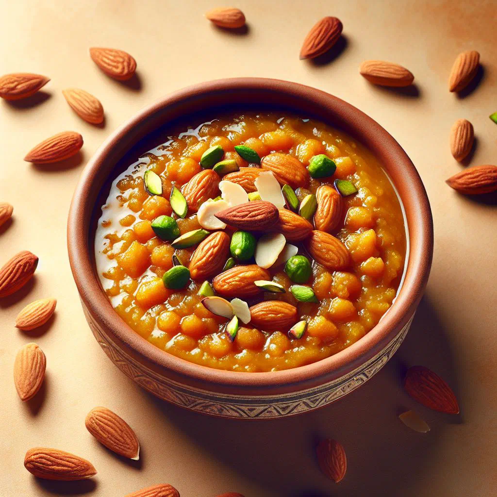 Warm chana dal halwa topped with chopped nuts in a small bowl