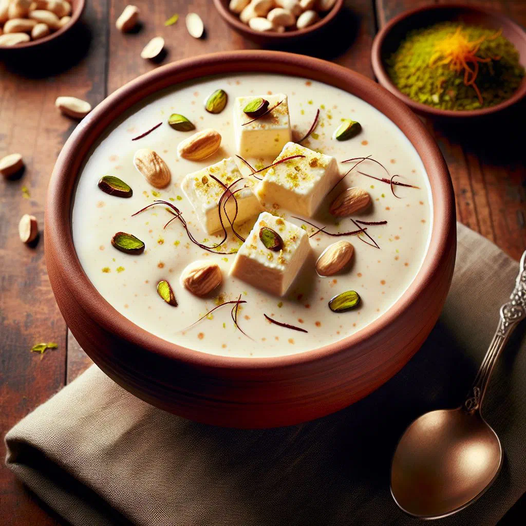 Creamy chanar payesh in a bowl garnished with nuts and raisins