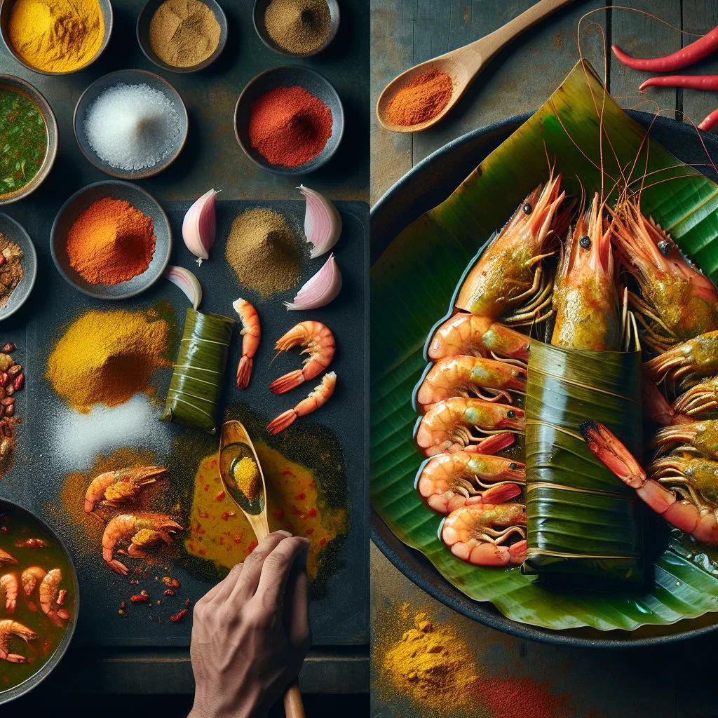 Steamed prawns in spiced coconut milk garnished with fresh coriander