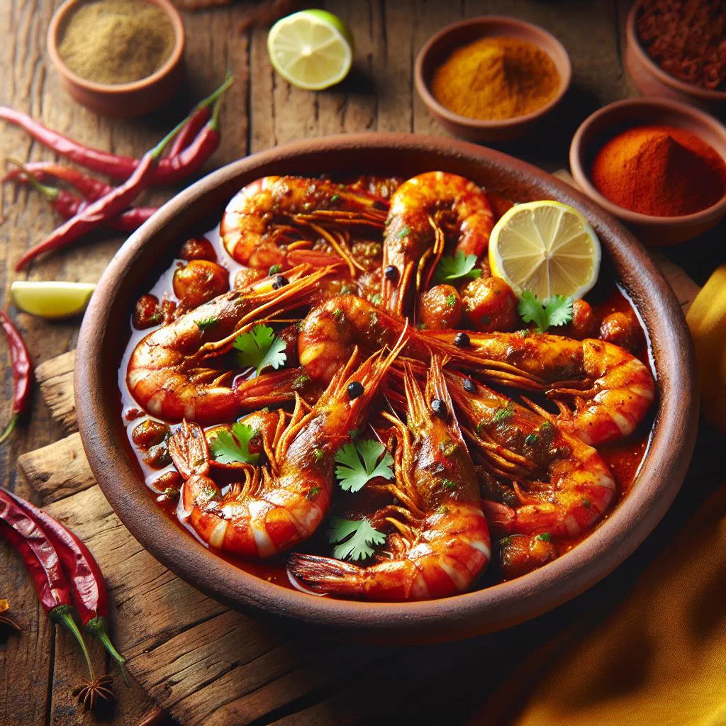 Chingri bhuna prawns in a rich spiced sauce, garnished with fresh coriander