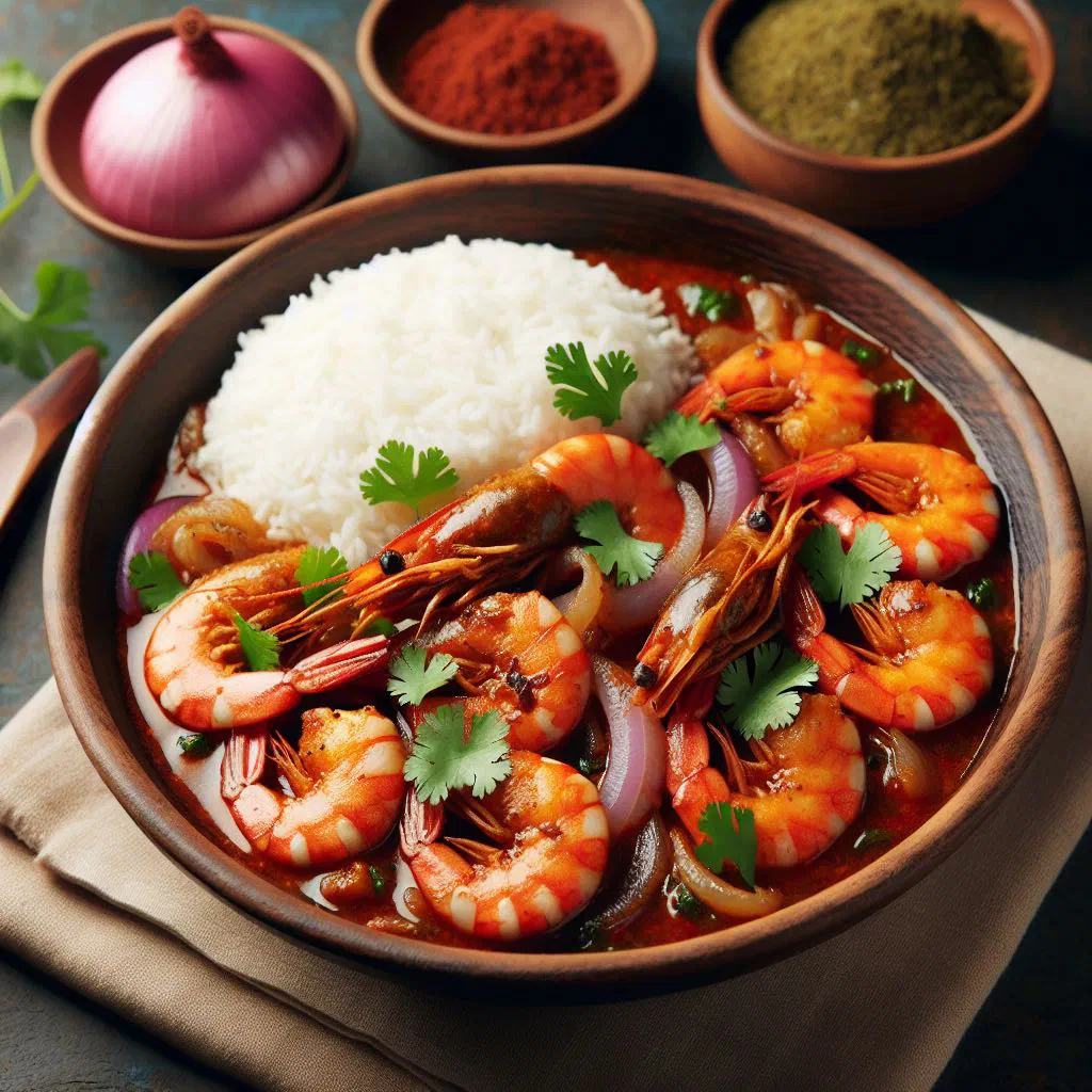 Prawns cooked in a spiced onion sauce, garnished with fresh coriander