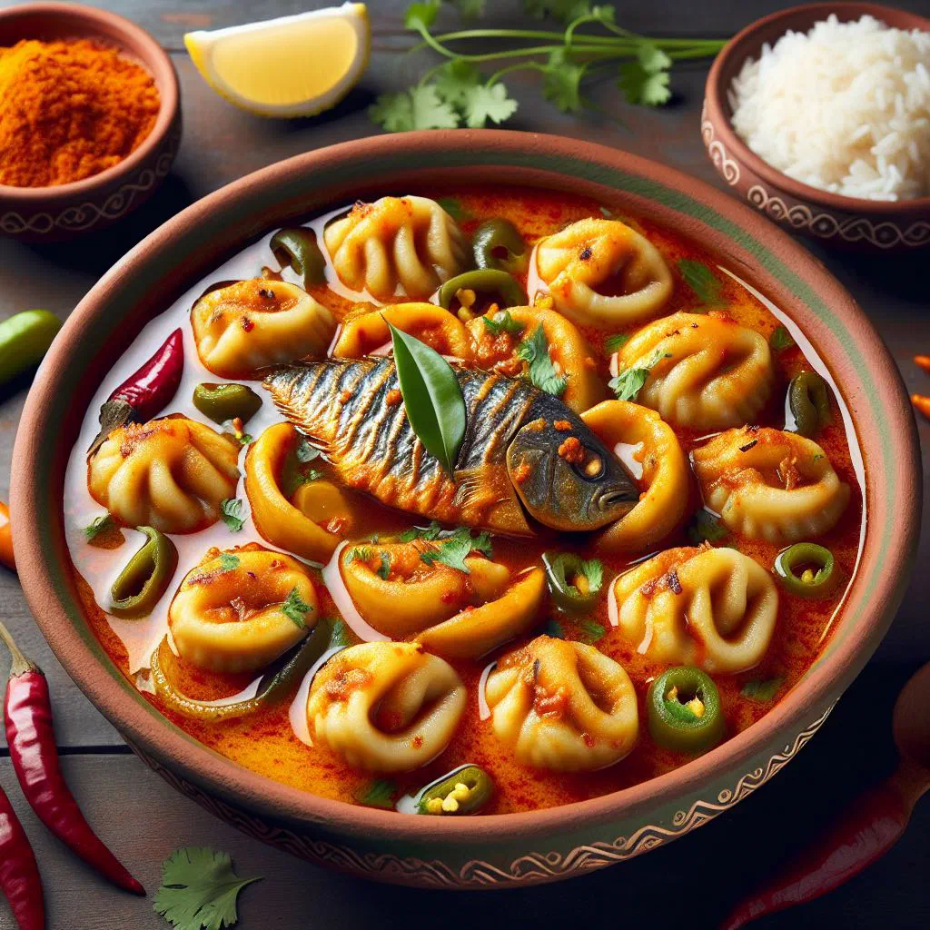 Chitol macher muitha fish dumplings in a spiced golden sauce garnished with coriander