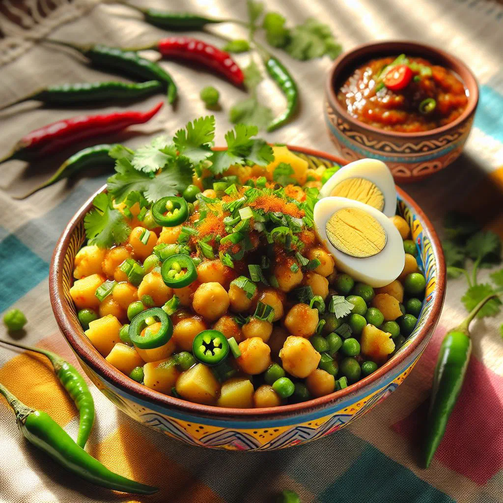 Bowl of chotpoti topped with boiled egg, onion and fresh coriander