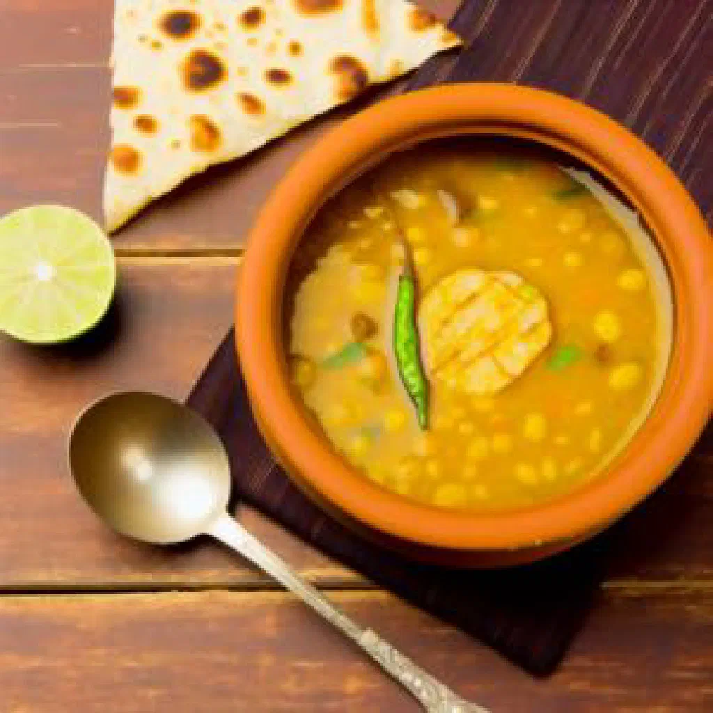 A warm bowl of yellow lentil dal garnished with fresh coriander