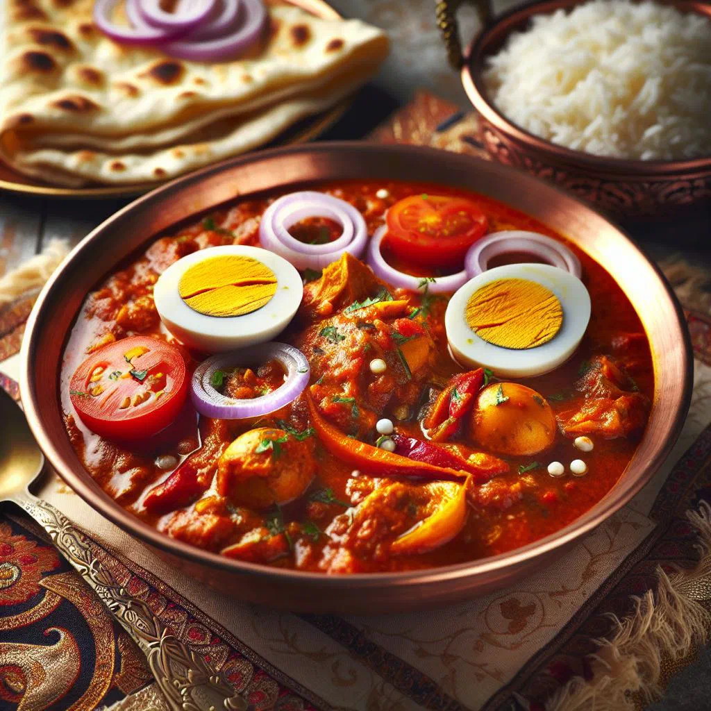 Dim Bhuna, spiced eggs in a rich onion sauce garnished with fresh coriander