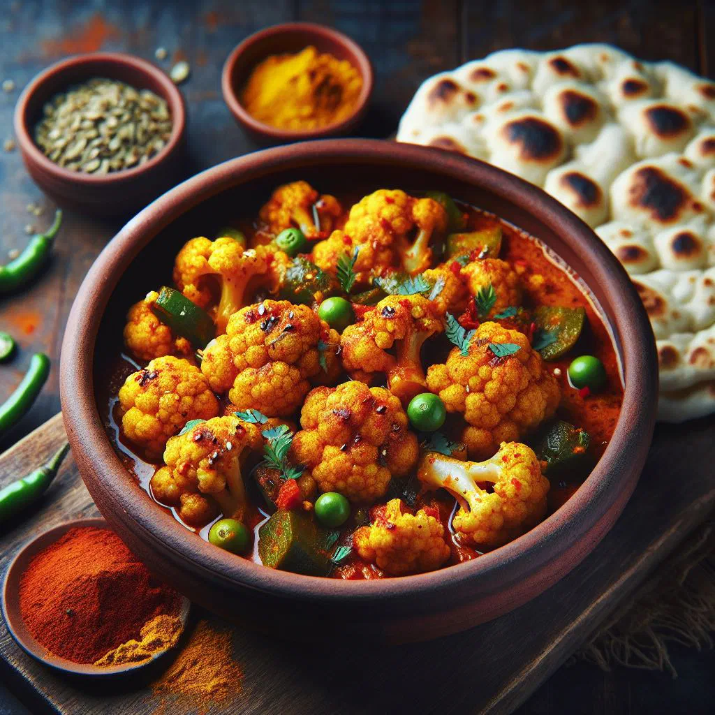 Bowl of spiced cauliflower and potato curry garnished with fresh coriander