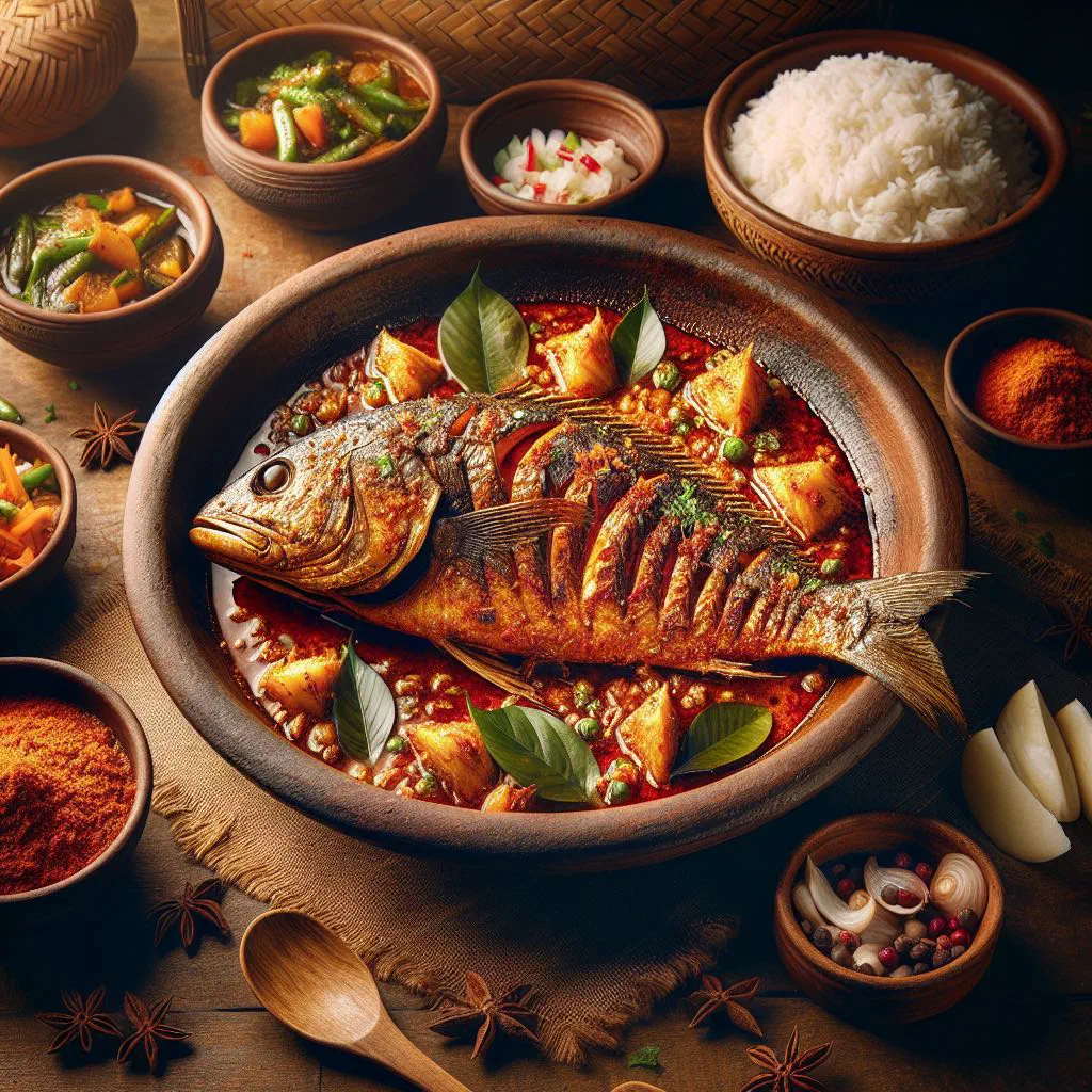 Hilsa bhuna fish pieces in a rich spiced sauce garnished with coriander