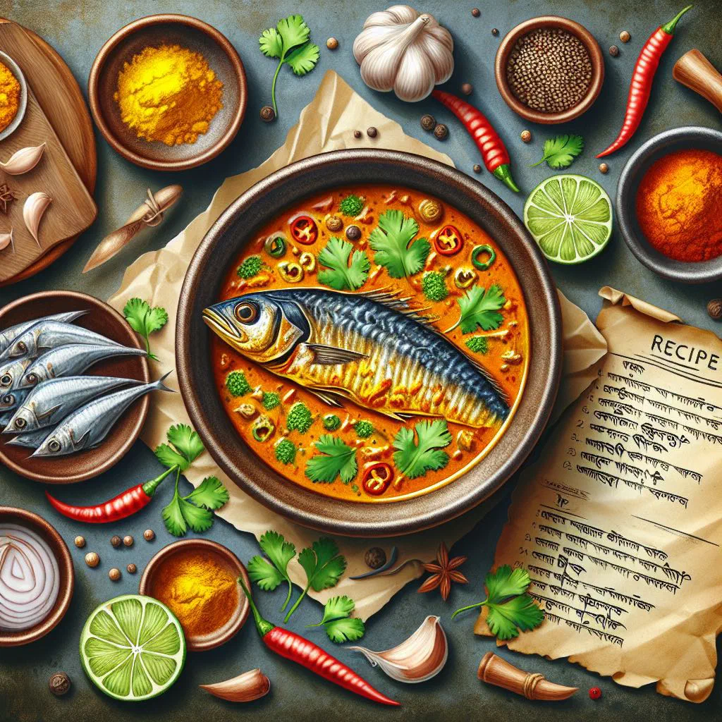 Hilsa fish curry in a rich golden sauce garnished with fresh coriander