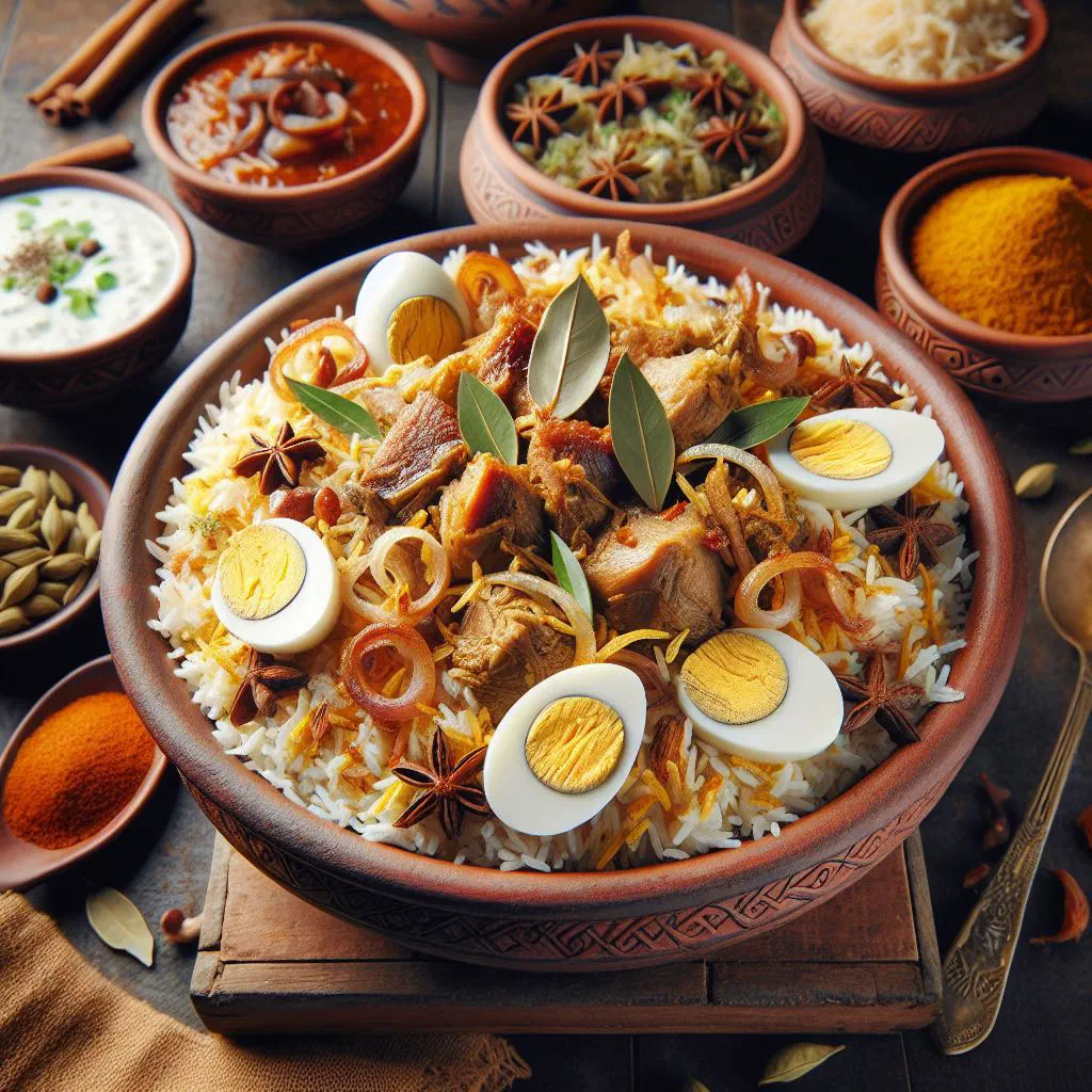 Kachi biryani with spiced rice, tender meat and fresh coriander