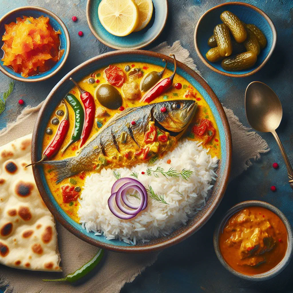Macher kalia fish curry in a rich spiced sauce, garnished with fresh coriander