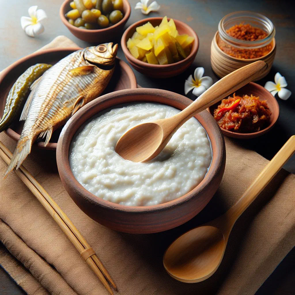 Bowl of watered fermented rice topped with onion, green chilli and coriander