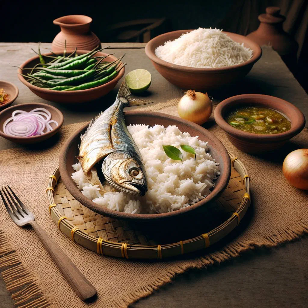 Panta bhat soaked rice served with fried hilsa fish, green chillies and sliced onion