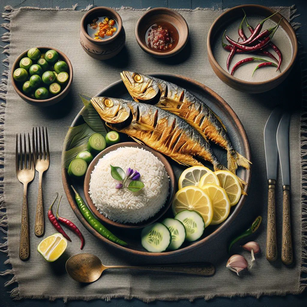 Panta ilish with fermented rice, fried hilsa fish, onion rings and green chillies