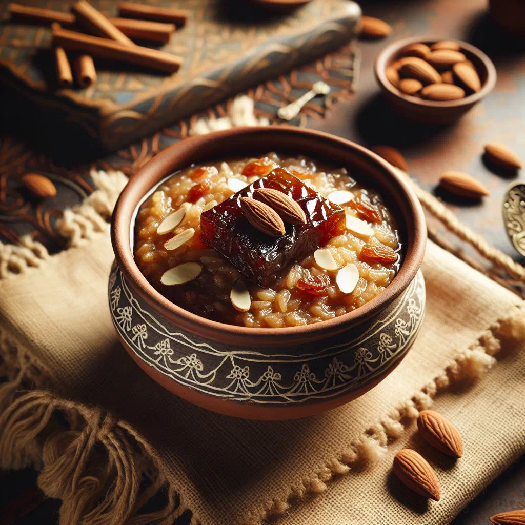 Creamy Bengali rice pudding topped with nuts and raisins in a bowl