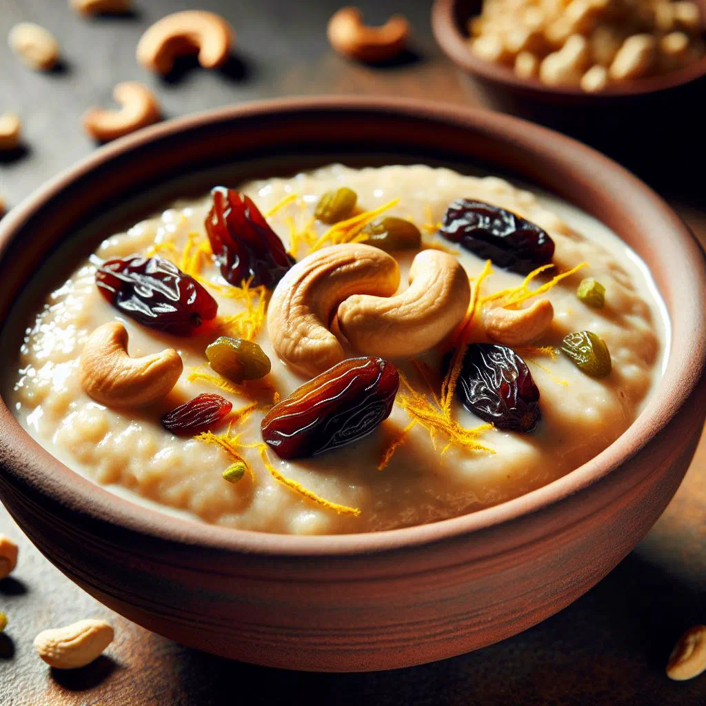 Creamy payesh rice pudding topped with nuts and dried fruit