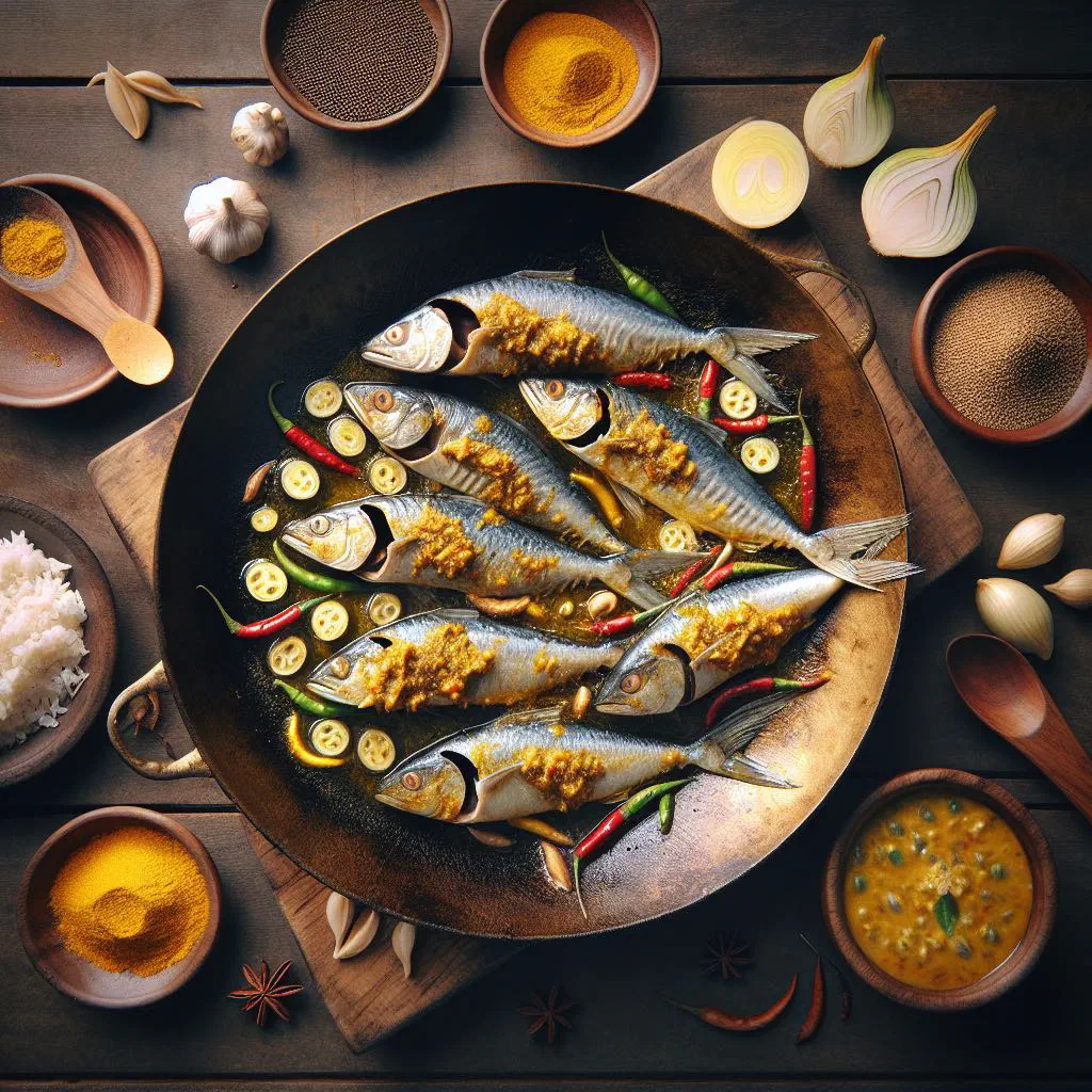 Hilsa fish simmered in a golden mustard sauce, garnished with coriander