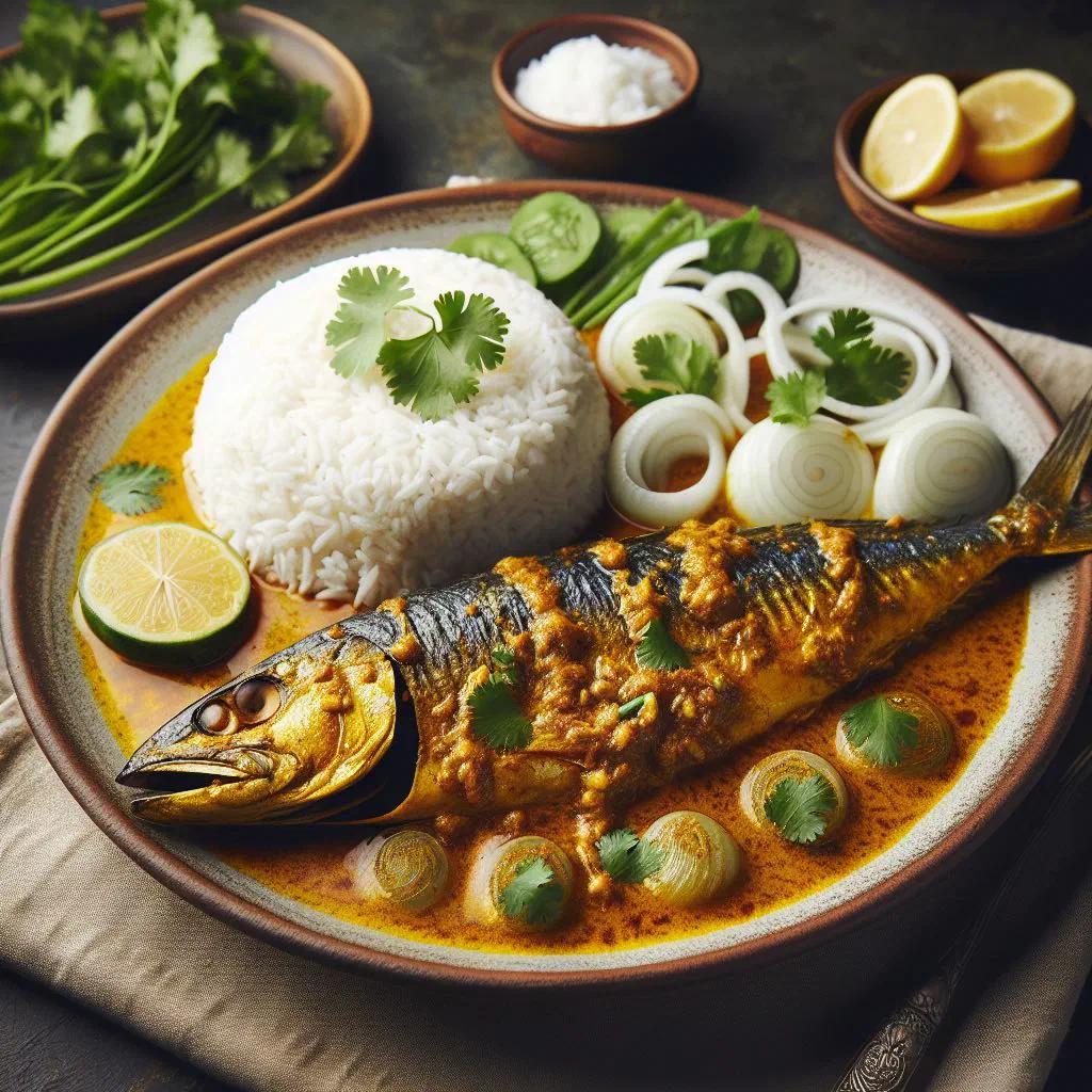 Shorshe ilish, hilsa fish fillets in a golden mustard sauce with green chillies