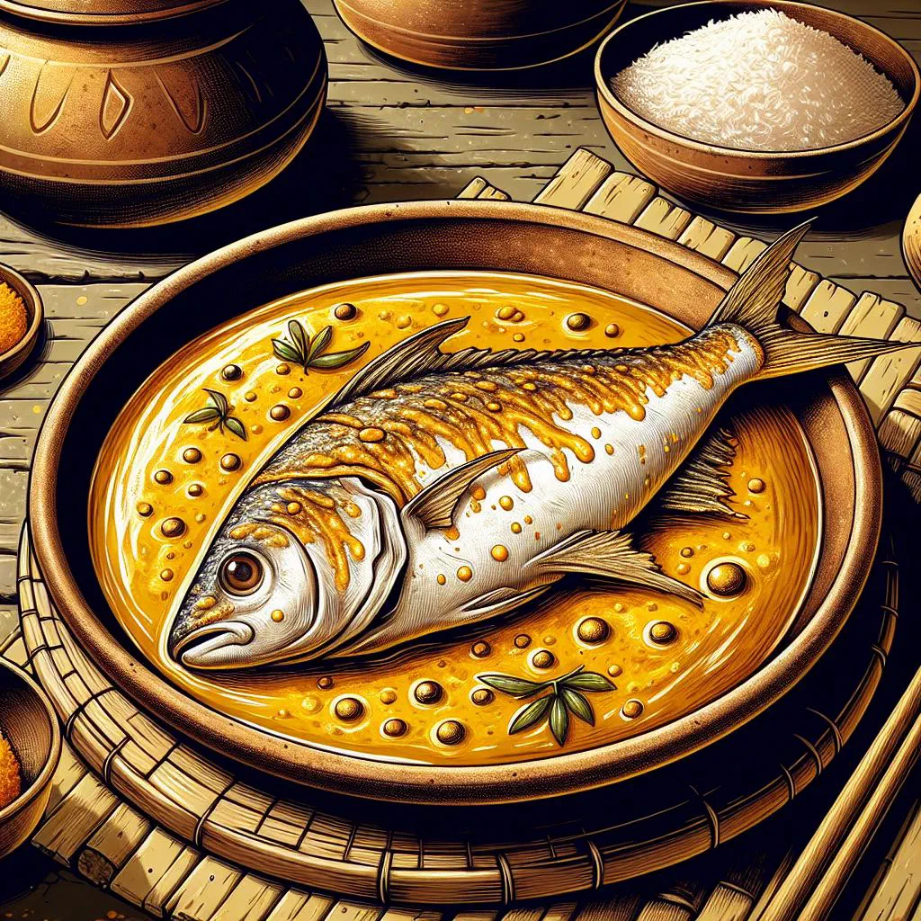 Sorshe pabda fish simmered in a golden mustard sauce, served with rice