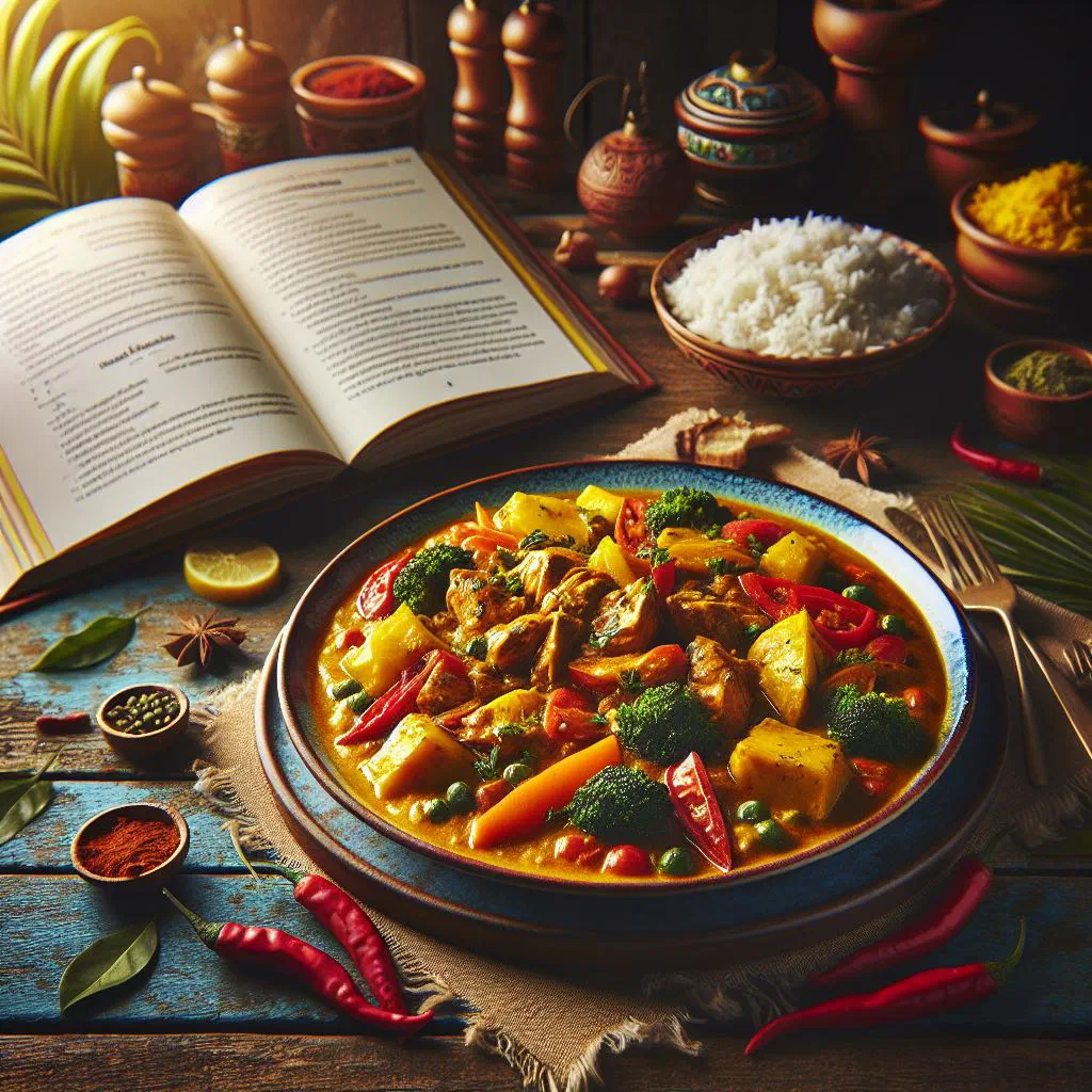 Bajan chicken curry with tender chicken pieces in a creamy coconut sauce, garnished with fresh coriander