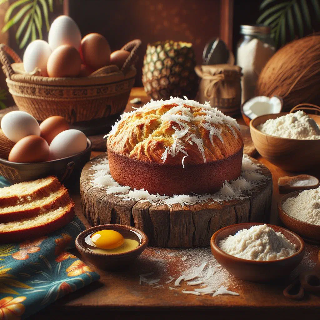 Sliced loaf of Bajan coconut bread with golden crust and moist coconut crumb
