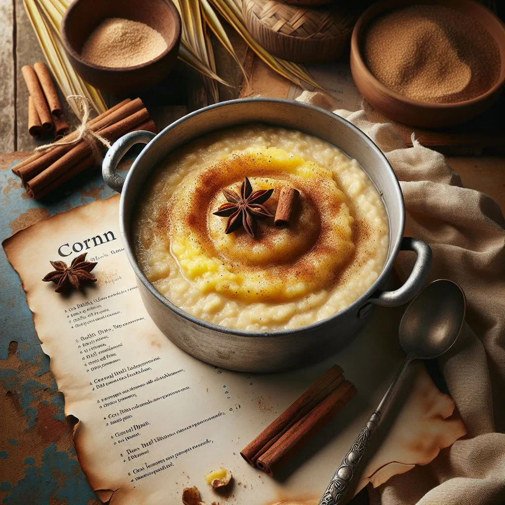 Creamy Bajan cornmeal porridge topped with fresh fruit and grated coconut