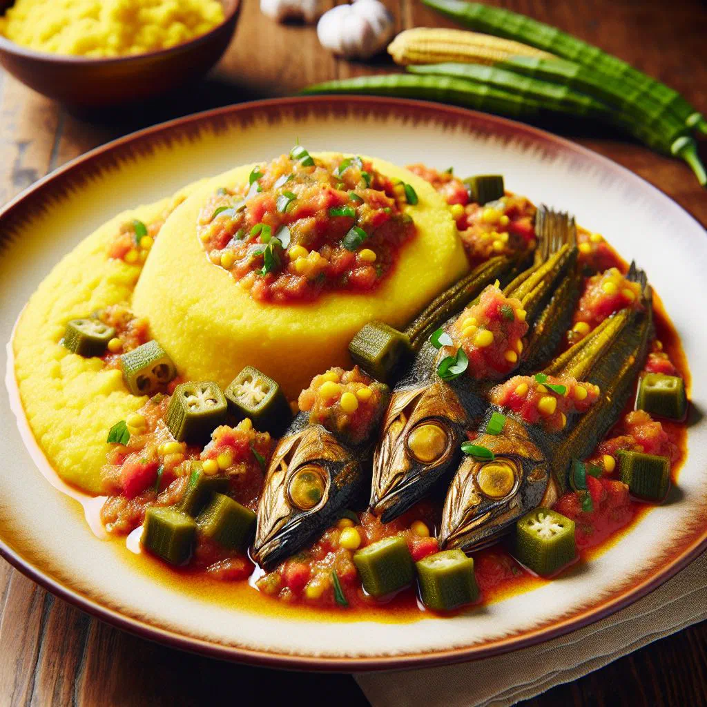 Creamy Bajan cou-cou made with cornmeal and okra, served in a bowl