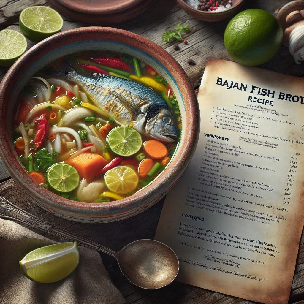 Bowl of Bajan fish broth with chunks of fish, carrots and fresh herbs