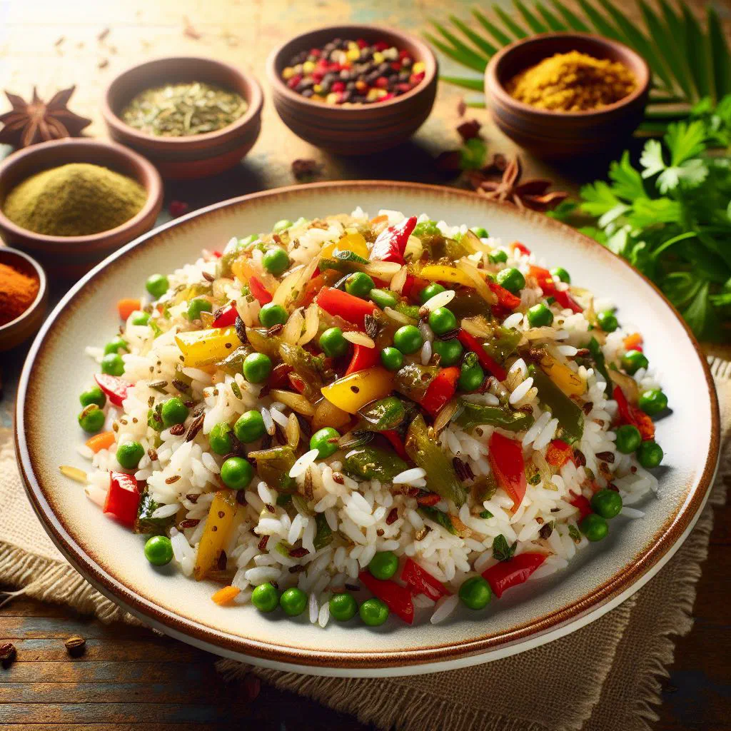Golden Bajan seasoned rice with peppers and fresh herbs in a serving bowl