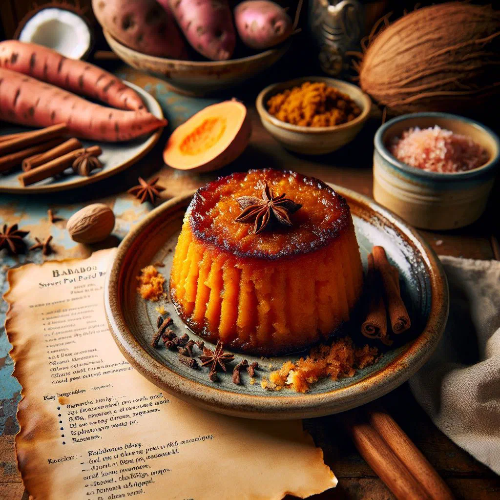 Golden-baked Bajan sweet potato pudding in a dish, dusted with spices
