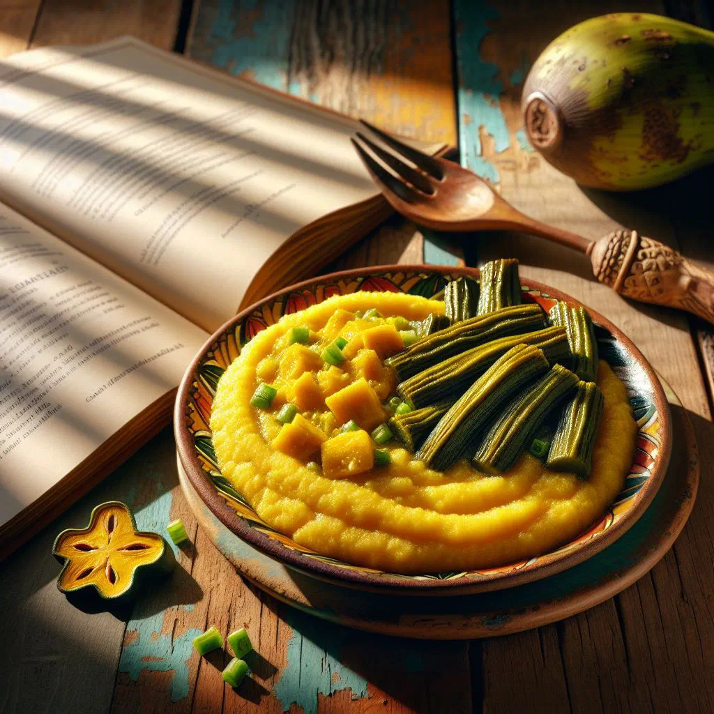 Creamy breadfruit cou-cou served in a bowl with fresh herbs