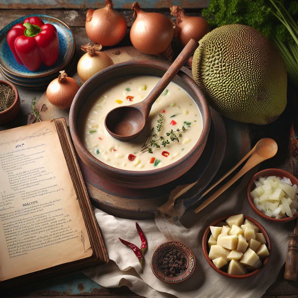 Creamy Bajan breadfruit soup garnished with fresh herbs